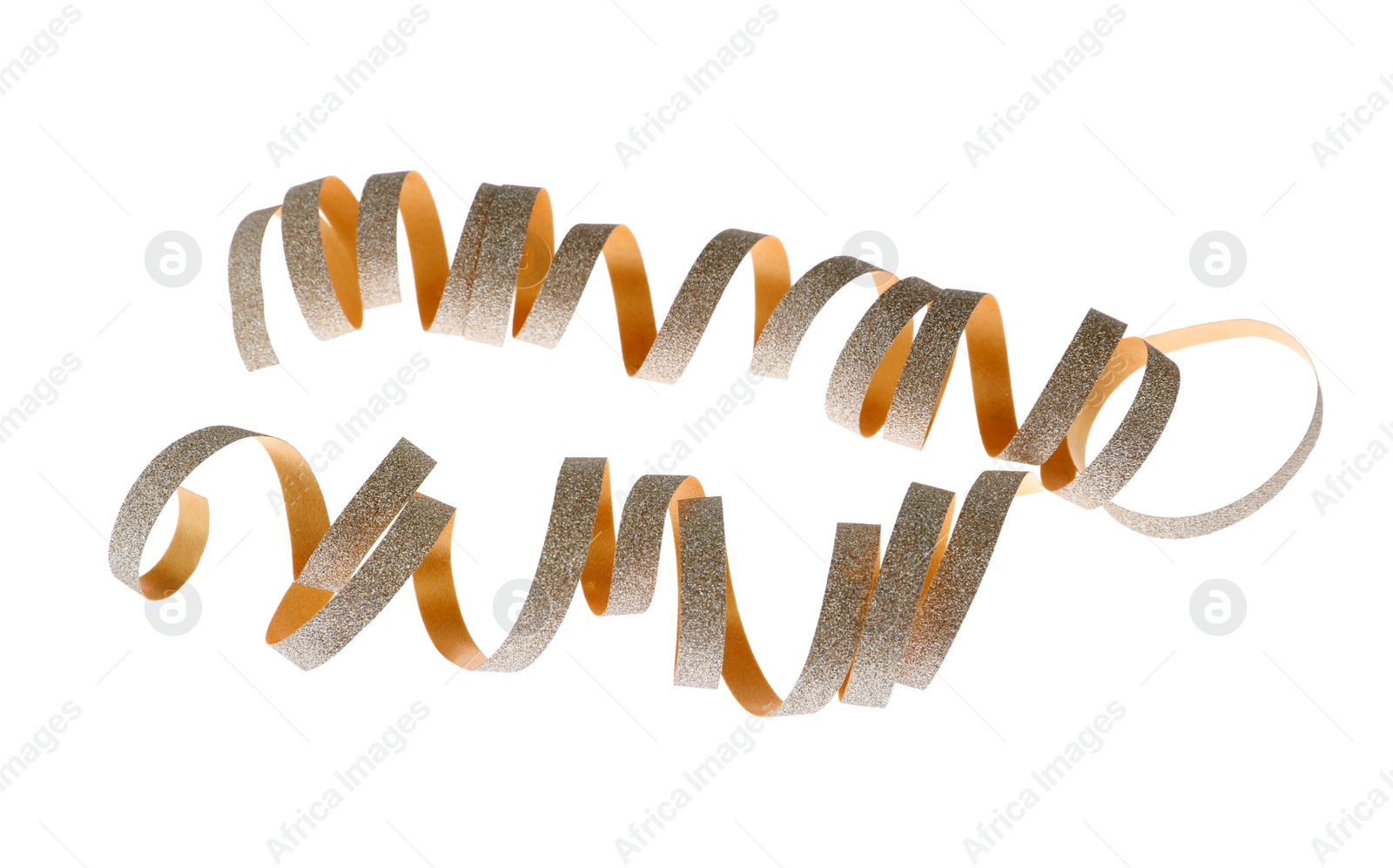 Photo of Shiny serpentine streamers on white background. Festive decor