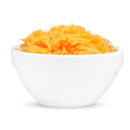 Photo of Fresh grated carrot in bowl isolated on white