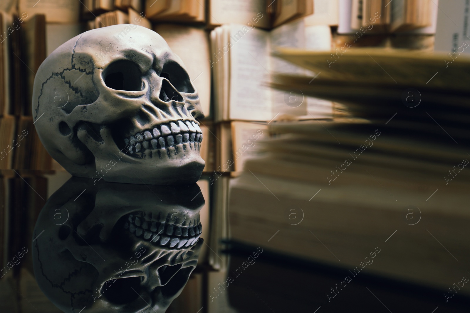 Photo of Human skull and old book on mirror table