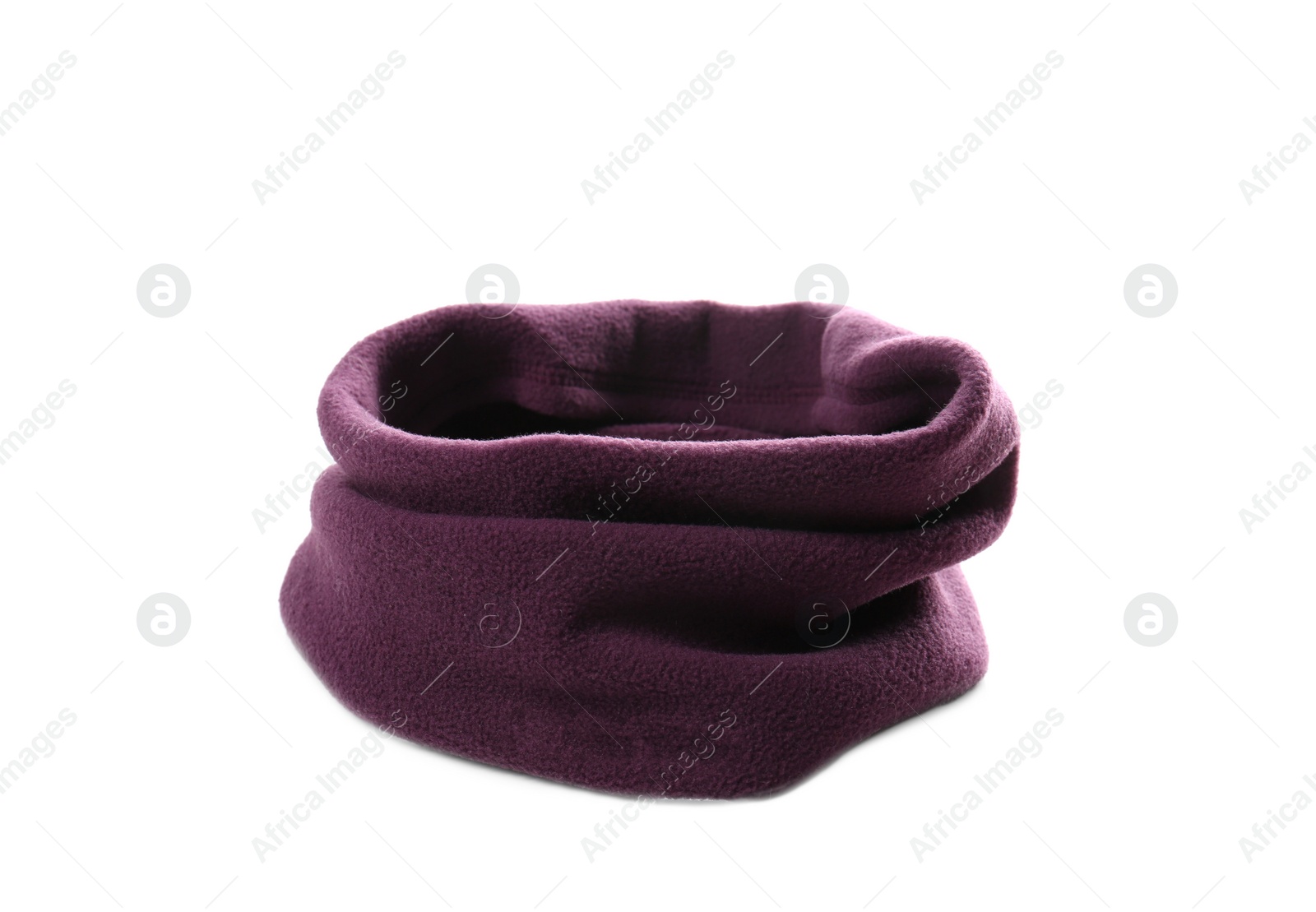 Photo of Soft purple neckwarmer isolated on white. Winter sports clothes