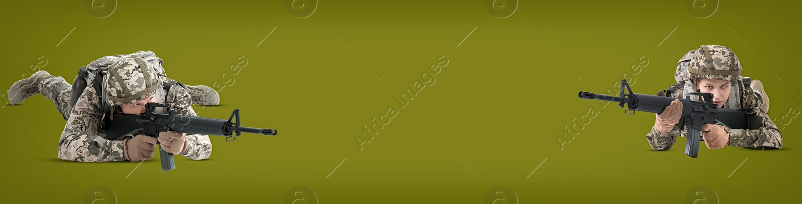 Image of People in military uniforms with machine guns on color background, banner design. Space for text 