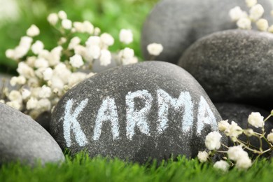 Photo of Stone with word Karma and beautiful flowers on green grass, closeup