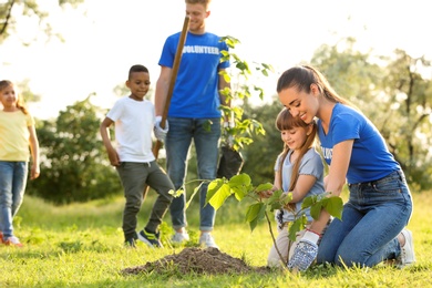 Kids planting trees with volunteers in park