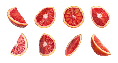 Image of Set with ripe red oranges on white background. Banner design