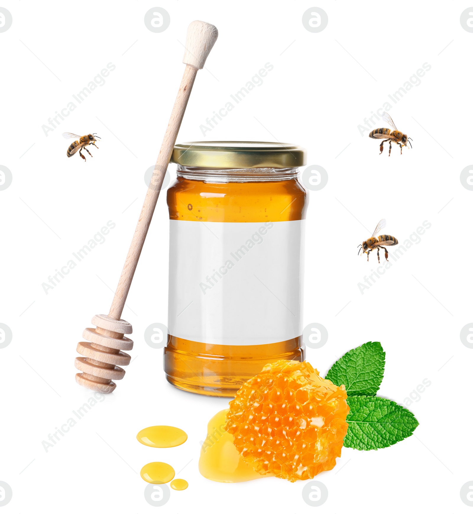 Image of Sweet honey in glass jar with blank label, wooden honey dipper, piece of honeycomb and flying bees on white background. Mockup for design