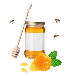 Image of Sweet honey in glass jar with blank label, wooden honey dipper, piece of honeycomb and flying bees on white background. Mockup for design