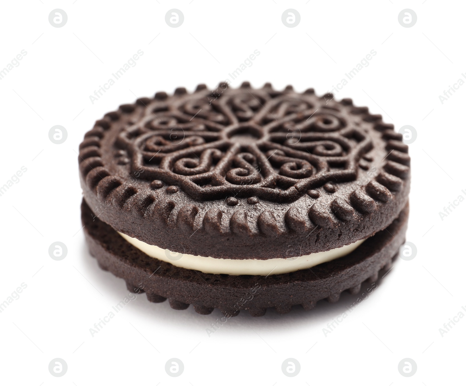 Photo of Tasty chocolate cookie with cream on white background