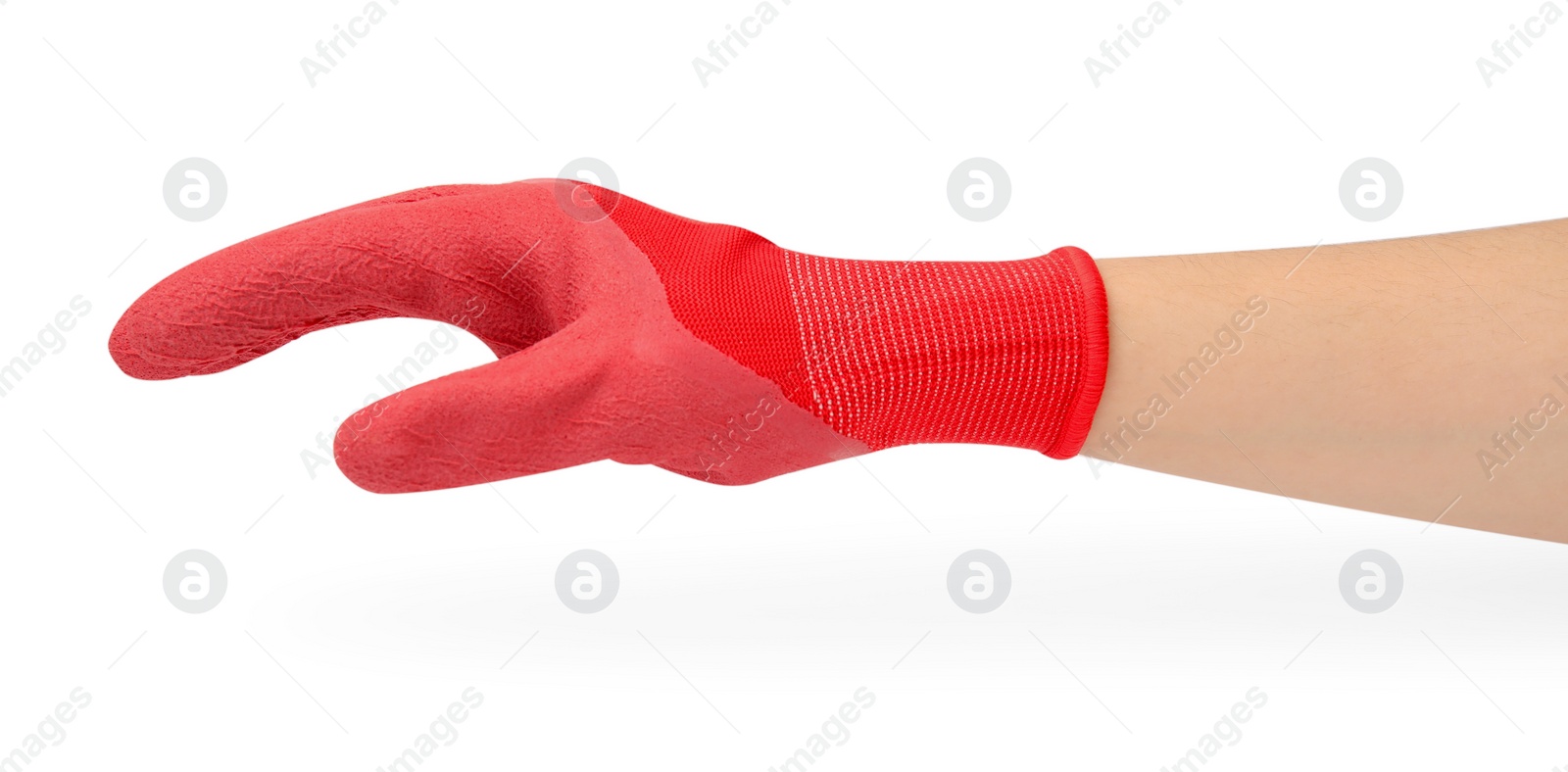 Photo of Woman in gardening glove on white background, closeup