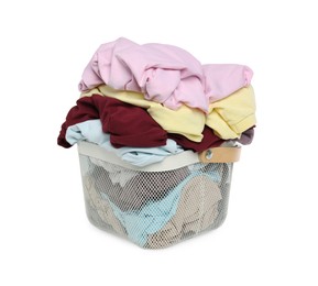 Photo of Laundry basket with clean colorful clothes isolated on white