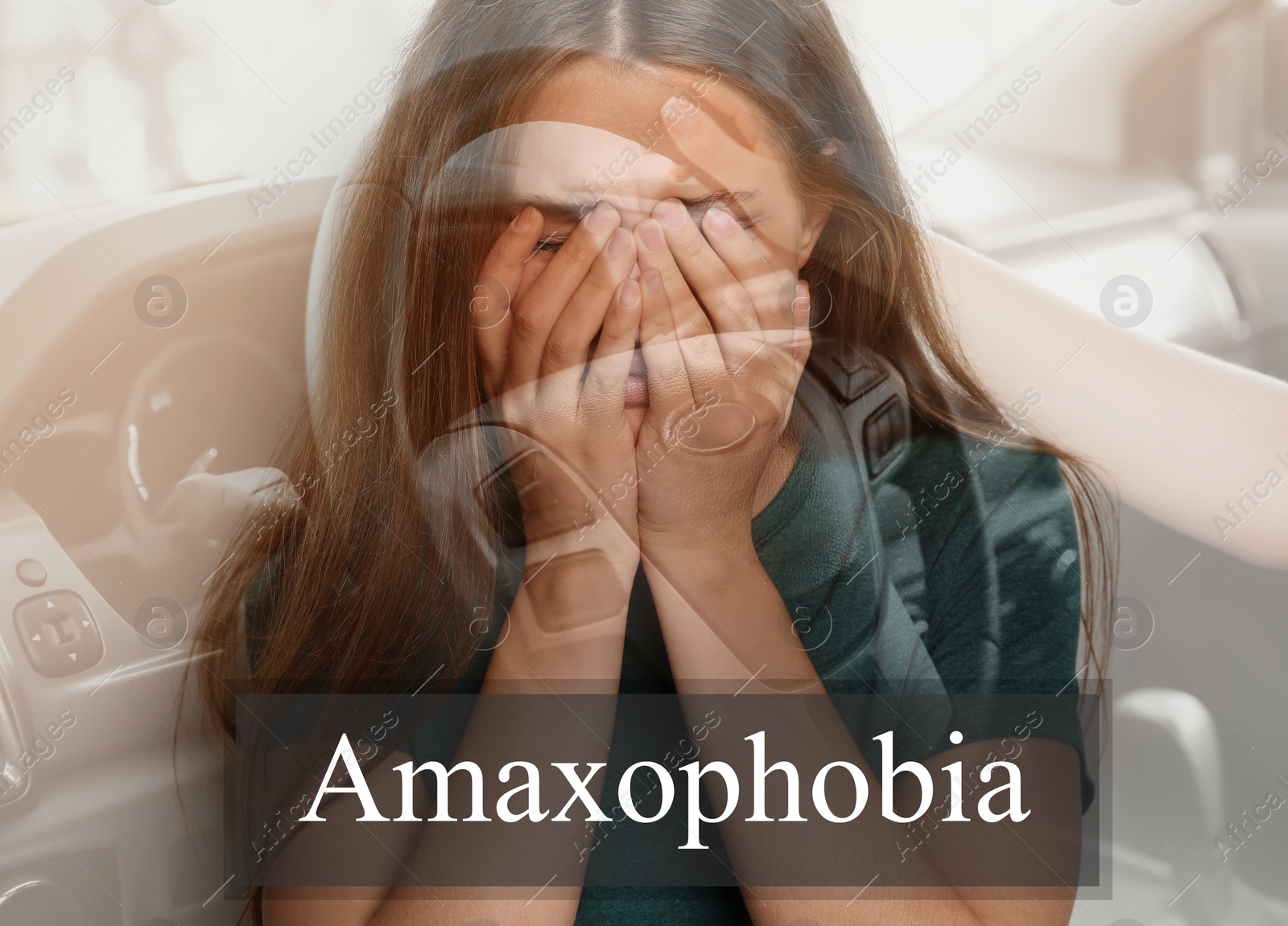 Image of Young woman suffering from amaxophobia. Irrational fear of vehicles