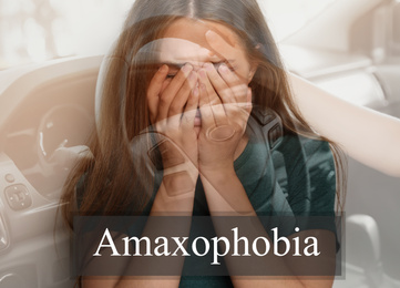 Image of Young woman suffering from amaxophobia. Irrational fear of vehicles