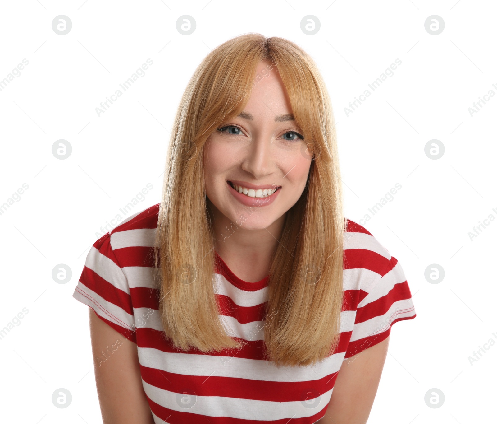 Photo of Portrait of beautiful young woman with blonde hair on white background