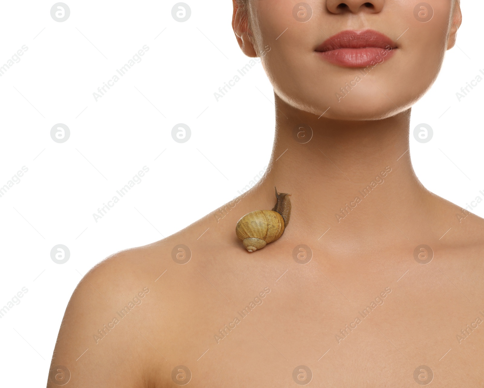 Photo of Beautiful young woman with snail on her body against white background, closeup