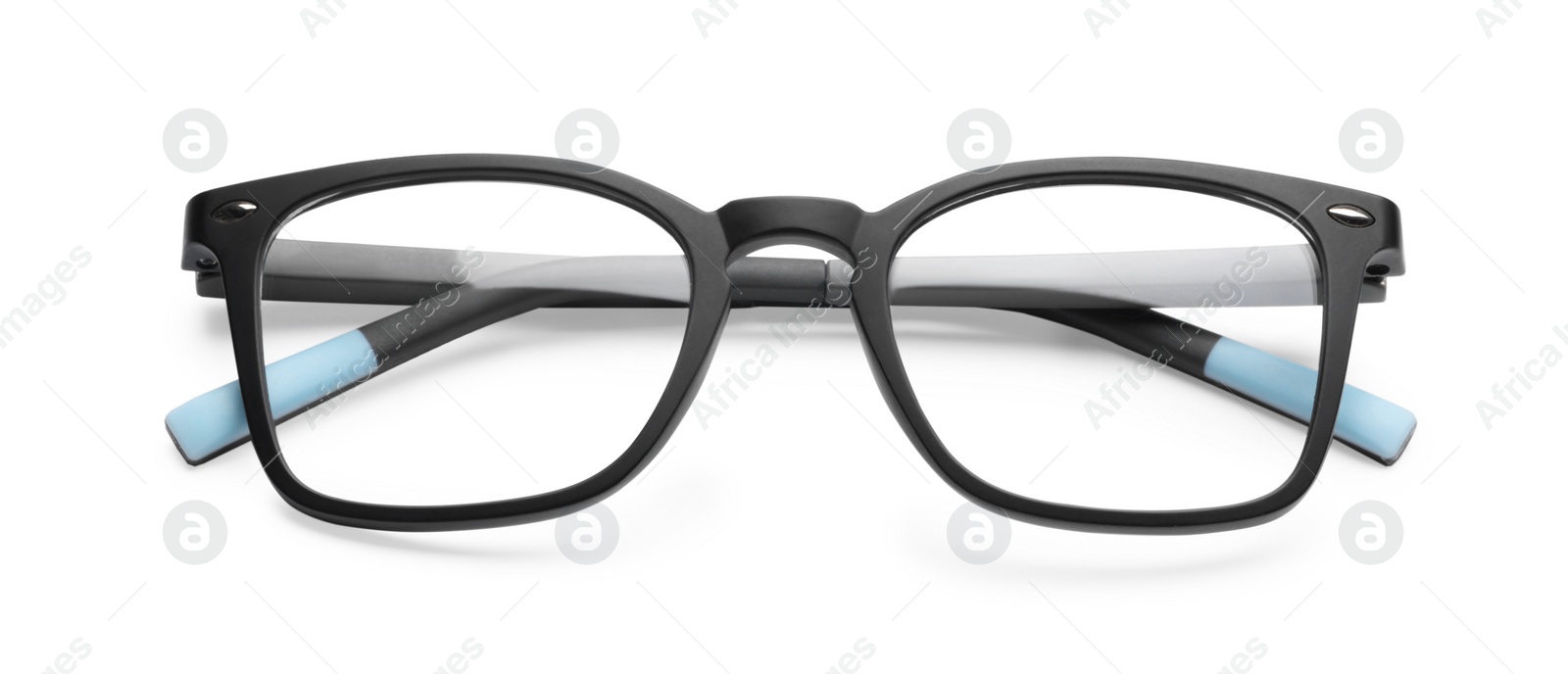 Photo of Stylish pair of glasses with black frame isolated on white