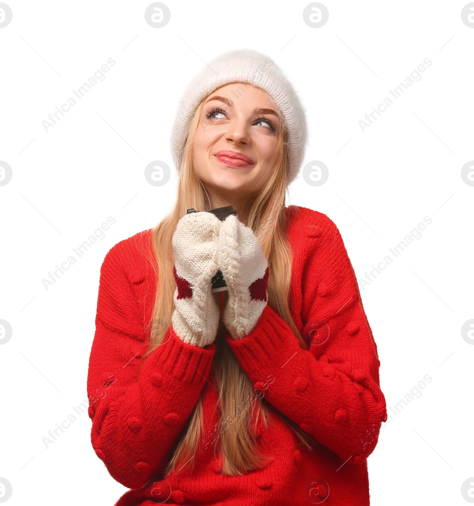 Photo of Portrait of young woman in stylish hat and sweater with paper coffee cup on white background. Winter atmosphere