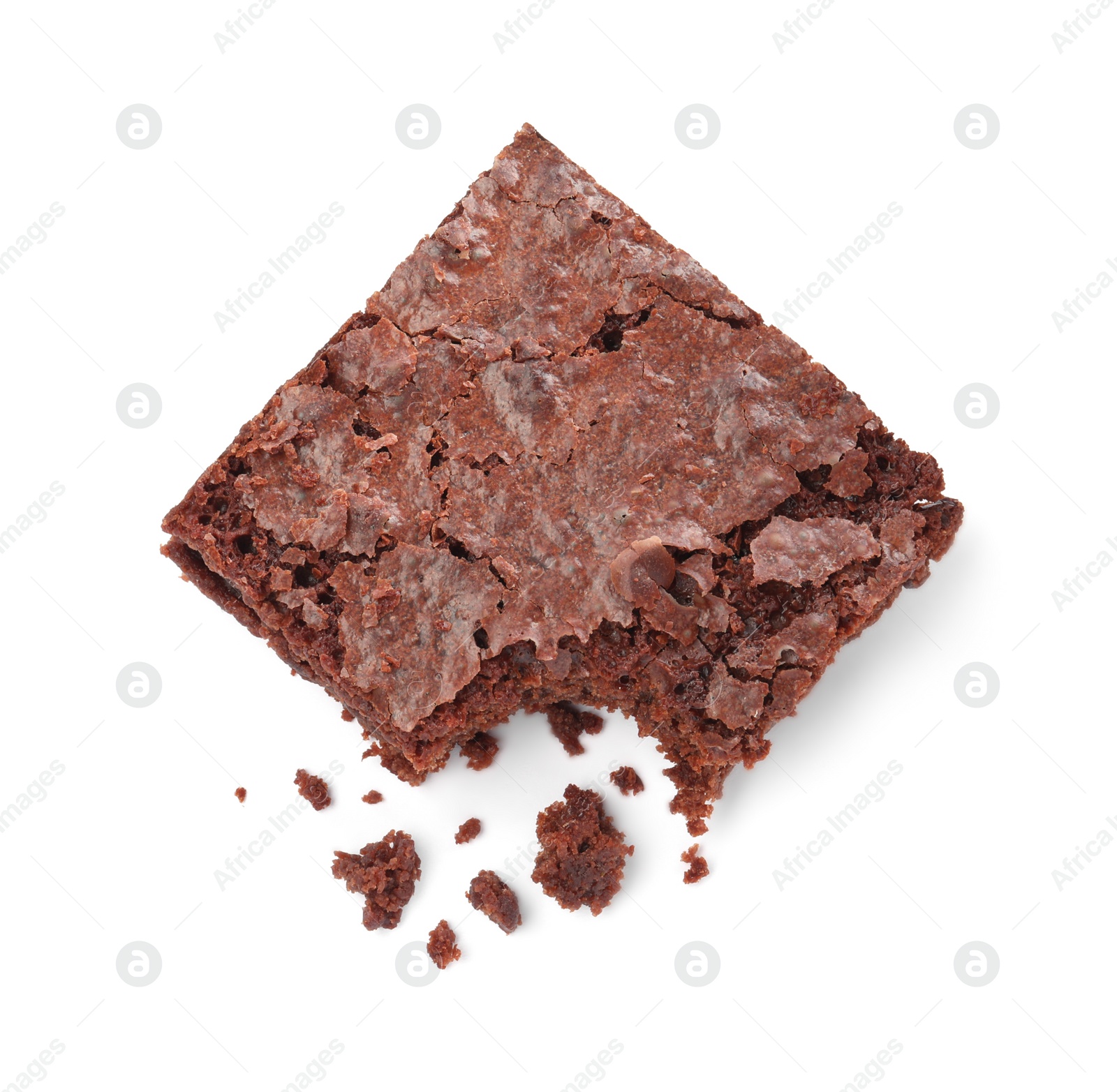 Photo of Bitten delicious chocolate brownie on white background, top view