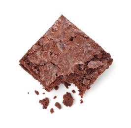Bitten delicious chocolate brownie on white background, top view