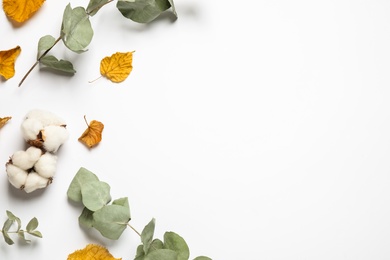 Flat lay composition with autumn leaves and space for text on white background