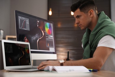 Photo of Professional retoucher working on computer and laptop in office