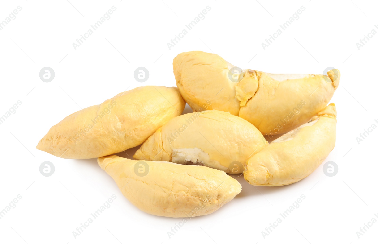 Photo of Pieces of fresh ripe durian on white background