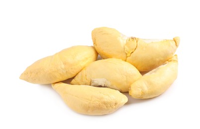 Photo of Pieces of fresh ripe durian on white background