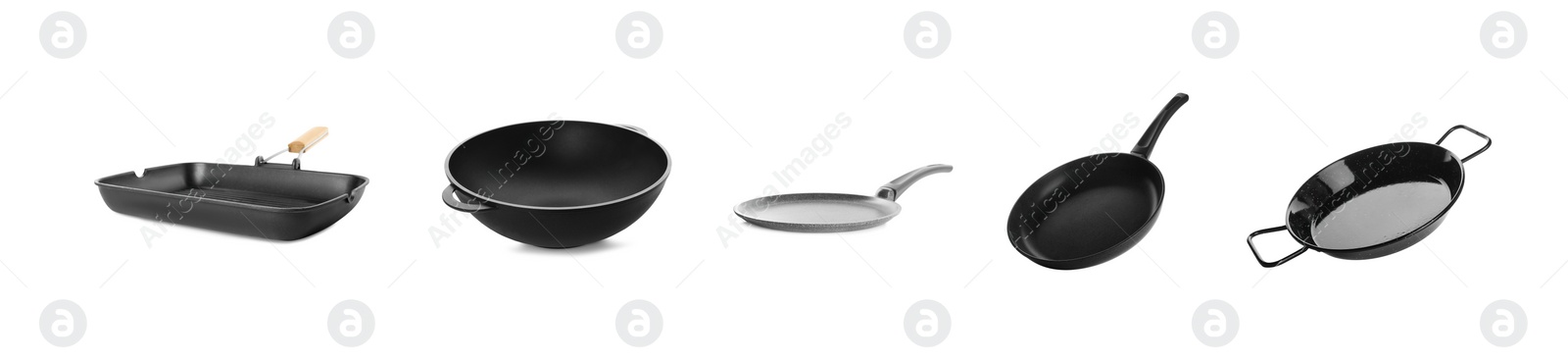 Image of Set with different pans on white background. Banner design