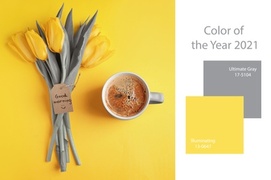 Color of the year 2021. Aromatic coffee, beautiful tulips and GOOD MORNING wish on yellow background, flat lay