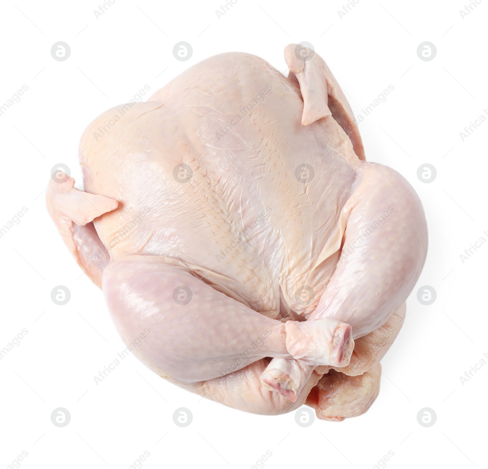 Photo of Fresh raw chicken isolated on white, top view