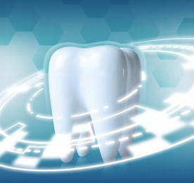 Tooth model on color background. Dental care