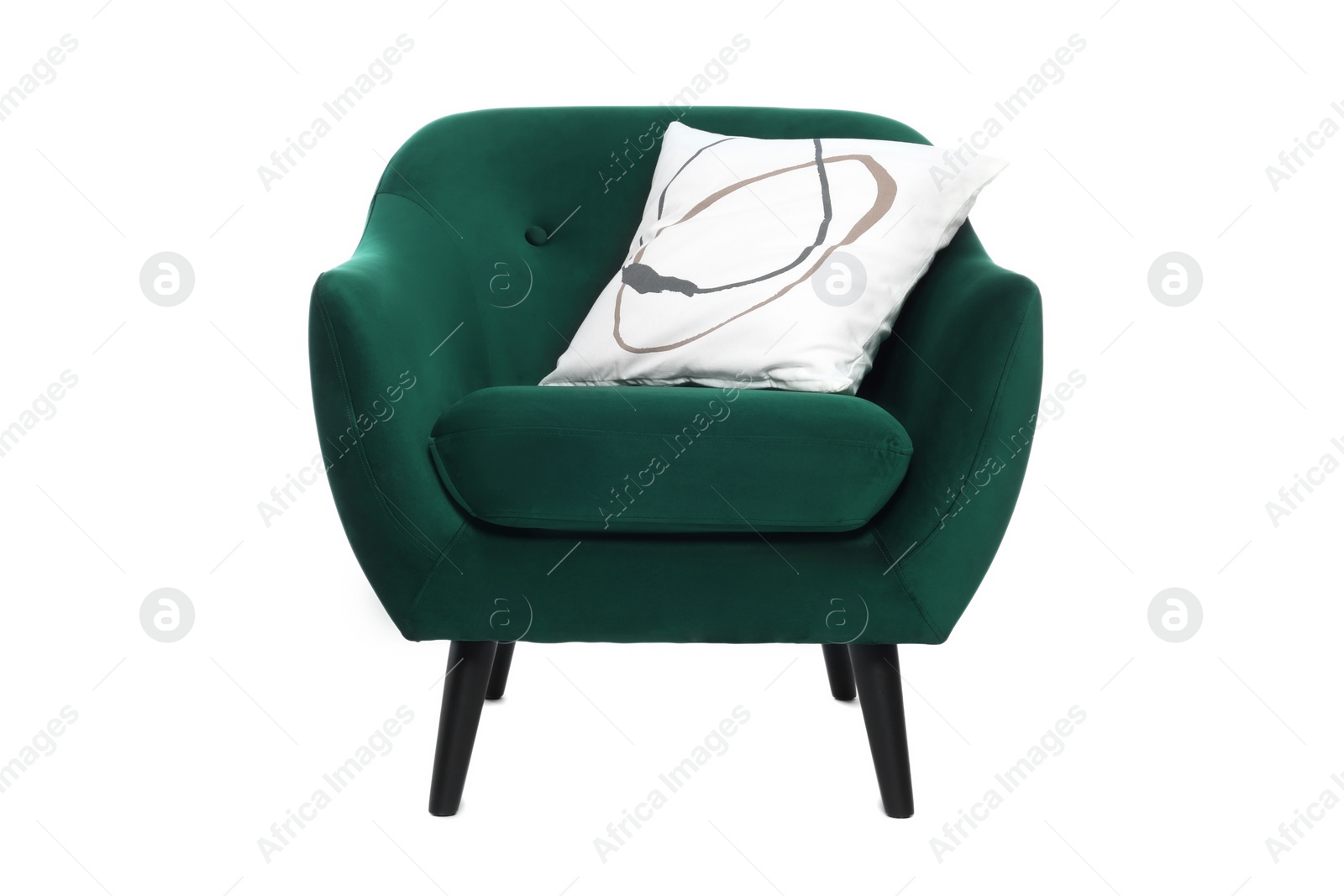 Photo of One stylish comfortable armchair with pillow isolated on white