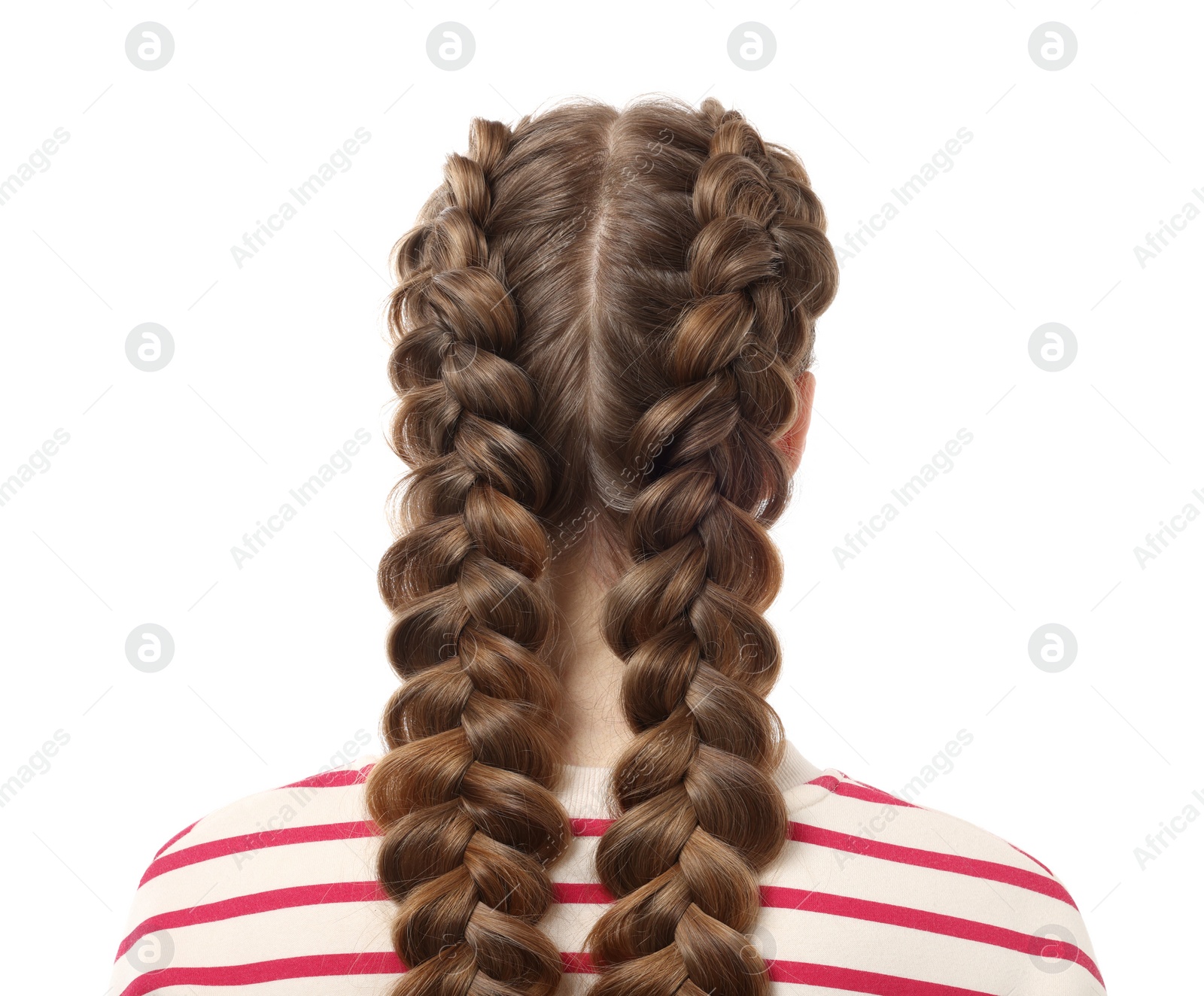 Photo of Woman with braided hair on white background, back view