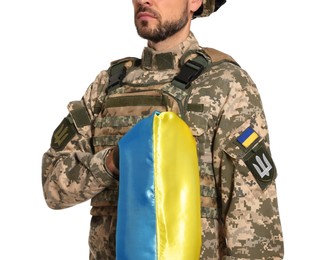 Soldier in military uniform with Ukrainian flag on white background, closeup