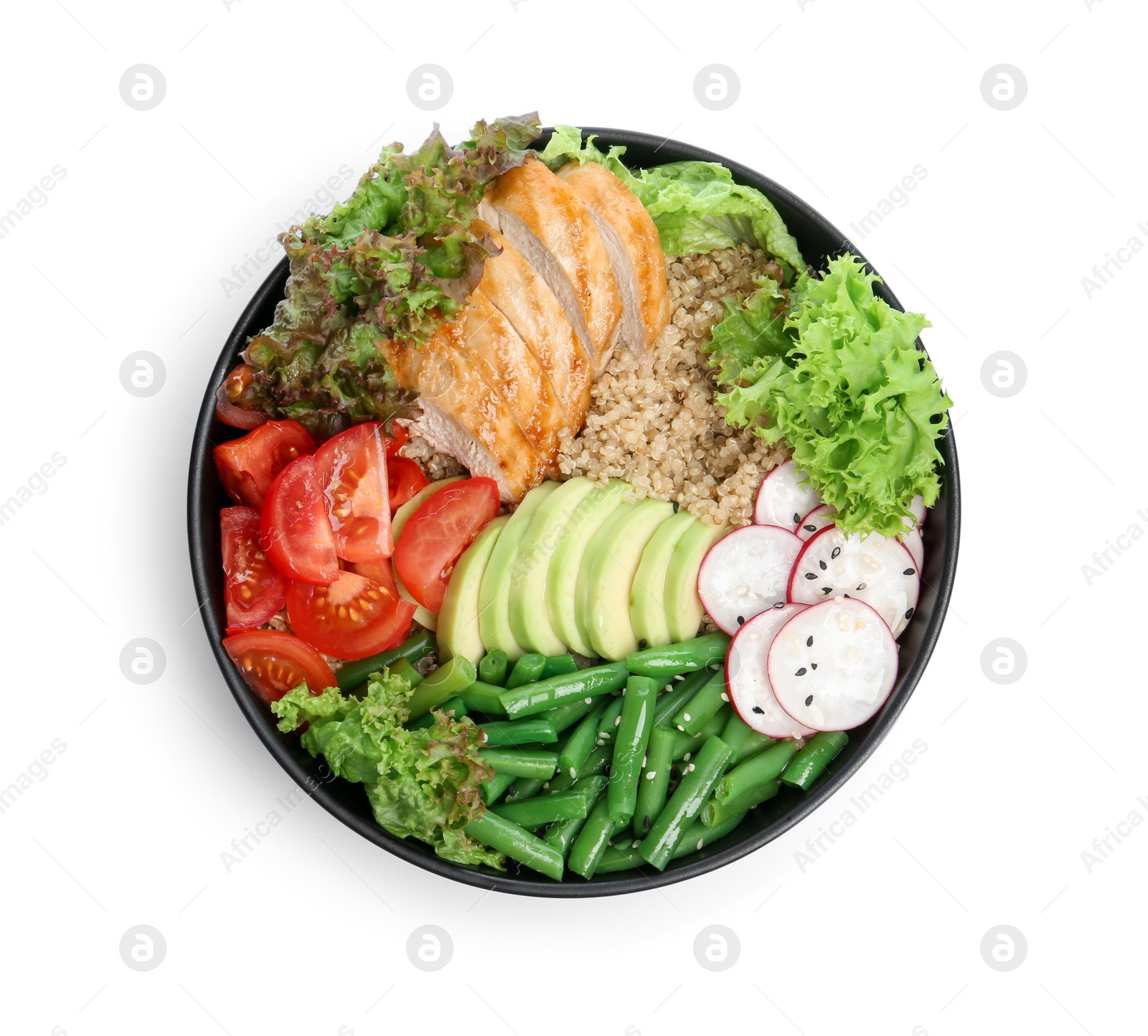 Photo of Healthy meal. Tasty vegetables, quinoa and chicken breast in bowl isolated on white, top view