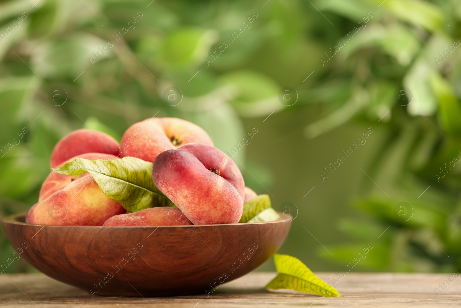 Photo of Fresh ripe donut peaches on wooden table against blurred green background. Space for text