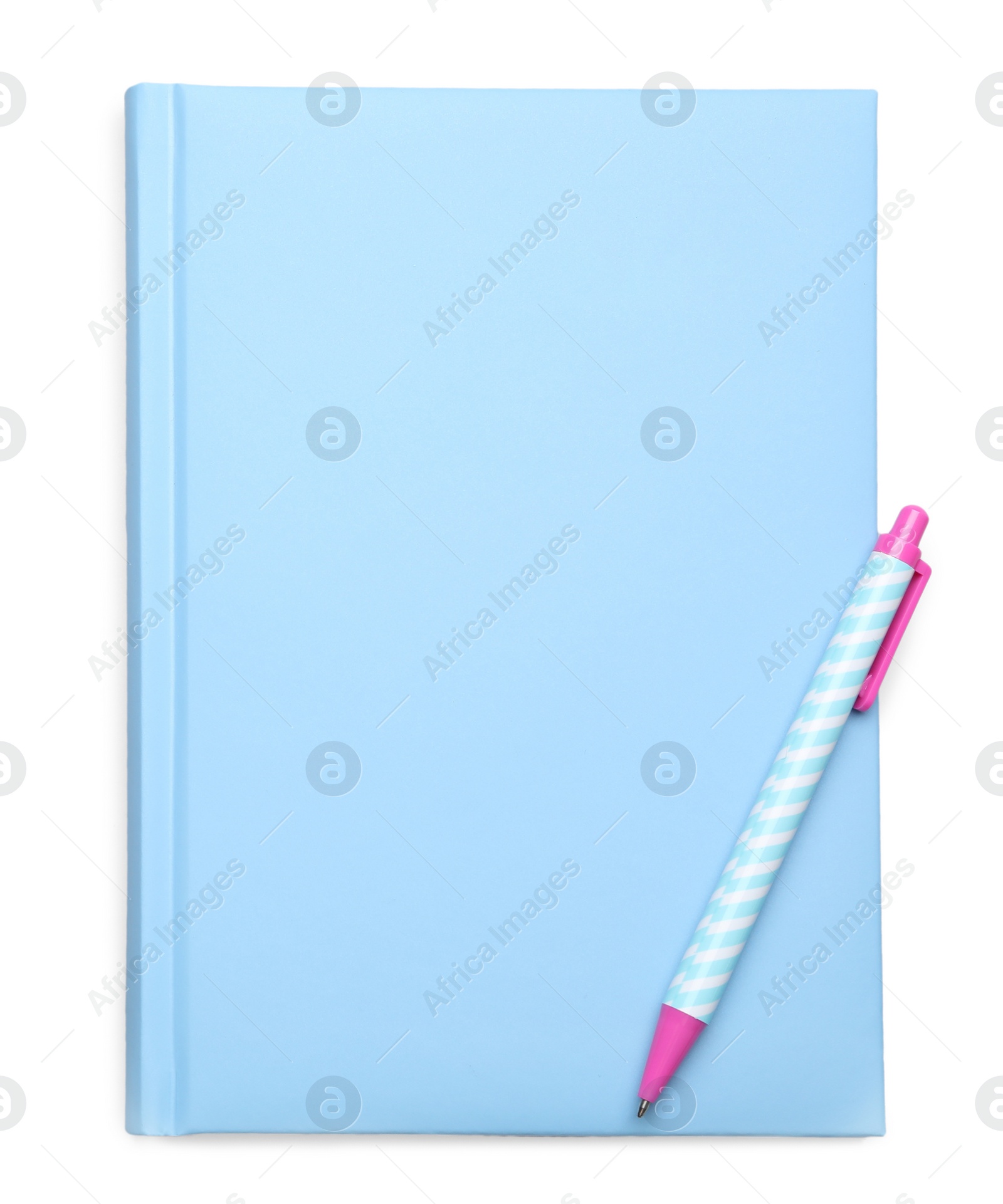 Photo of Stylish blue notebook and pen on light grey background, top view. Space for text