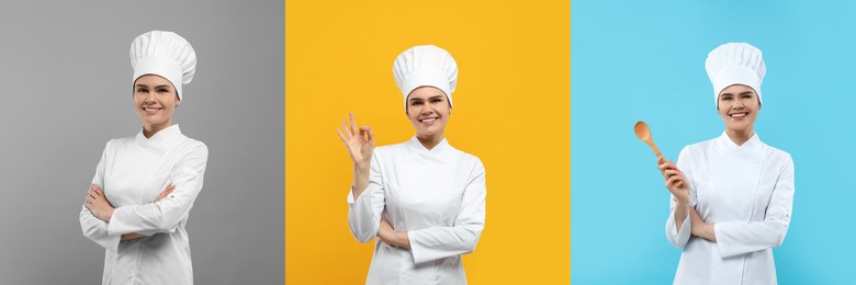 Image of Chef in uniform on different color backgrounds, collage design