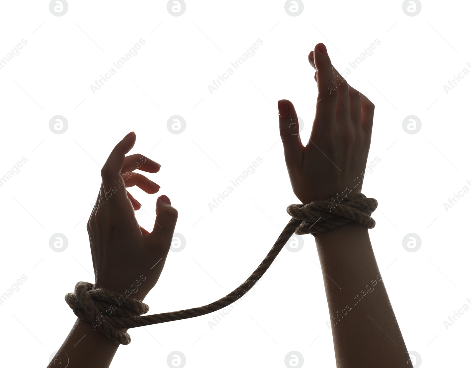 Photo of Freedom concept. Woman with tied arms on white background, closeup