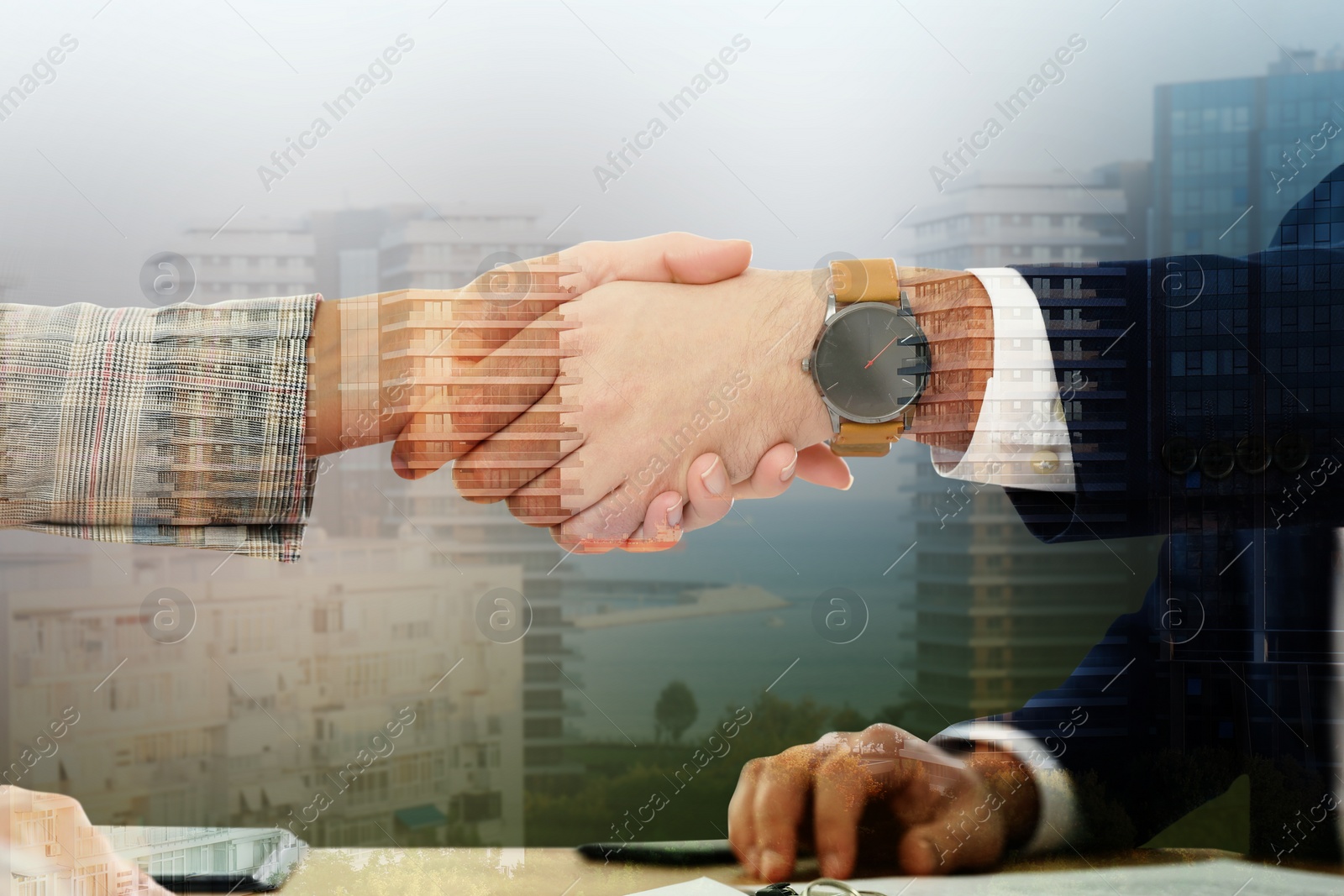 Image of Partners shaking hands and cityscape, double exposure