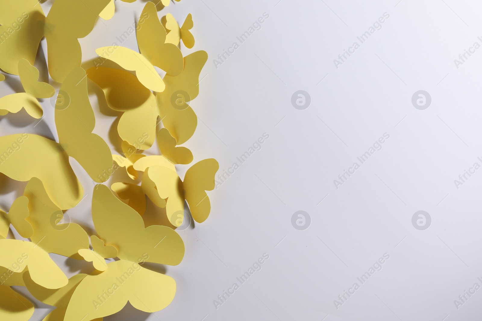 Photo of Yellow paper butterflies on white background, top view. Space for text