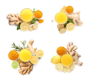 Image of Set of immunity boosting drink with lemon, ginger and turmeric on white background, top view