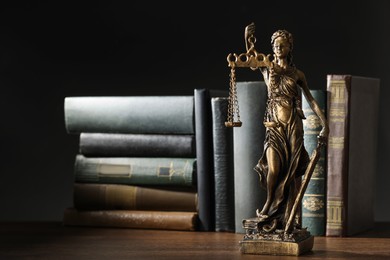 Photo of Statue of Lady Justice near books on wooden table, space for text. Symbol of fair treatment under law