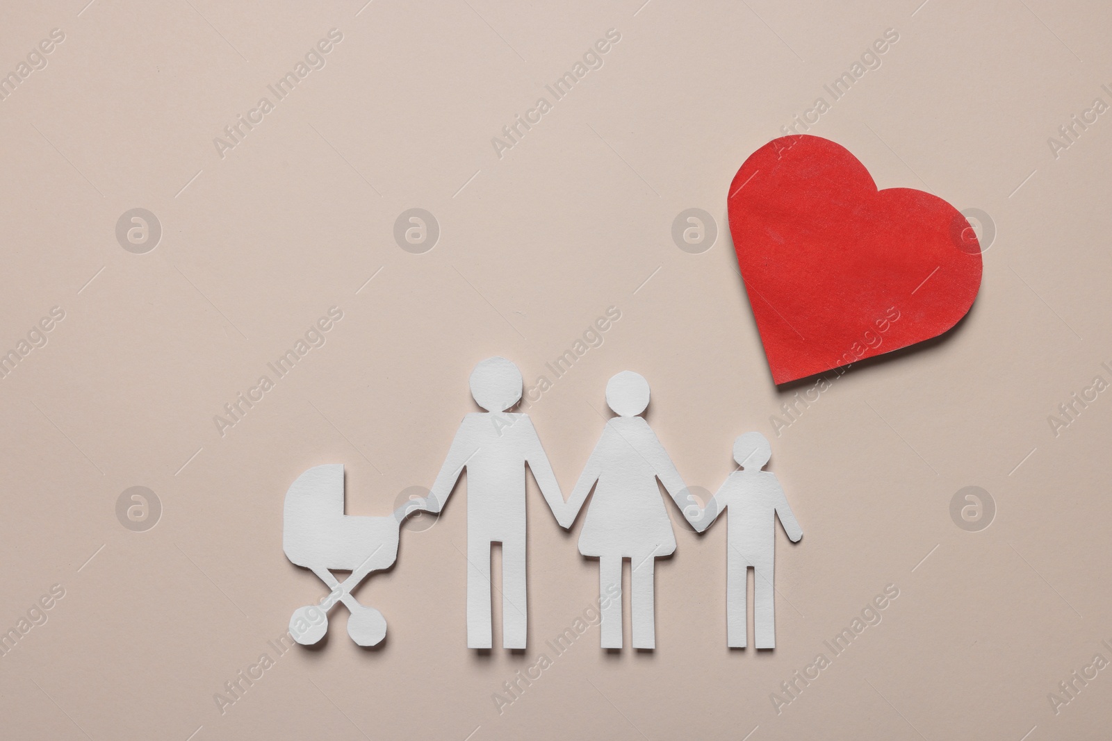 Photo of Paper family figures and red heart on beige background, flat lay. Insurance concept