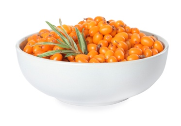 Fresh ripe sea buckthorn berries in bowl isolated on white