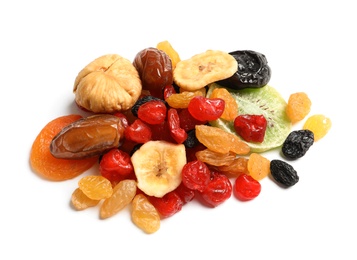 Different dried fruits on white background, top view. Healthy lifestyle