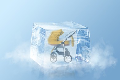 Image of Conservation of genetic material. Baby carriage in ice cube as cryopreservation on light blue background