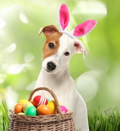 Image of Colorful Easter eggs and cute dog with bunny ears headband outdoors