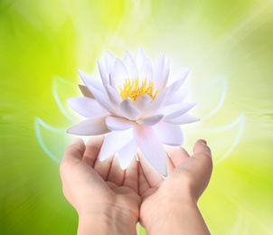 Woman holding beautiful lotus flower on bright background, closeup