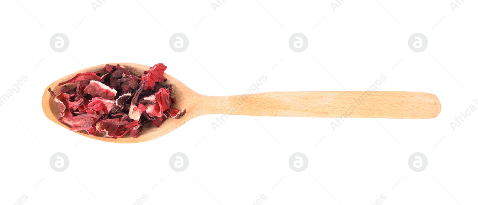 Photo of Wooden spoon of dry hibiscus tea isolated on white, top view