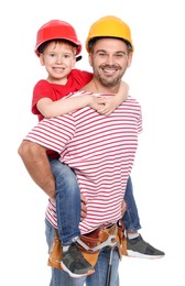 Photo of Father and son in hard hats having fun on white background