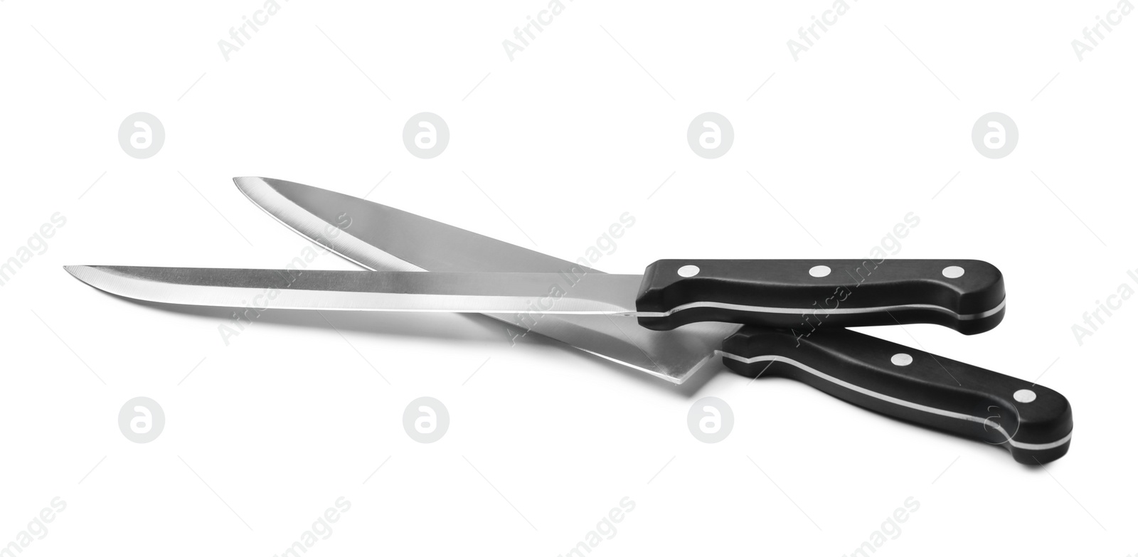 Photo of Modern sharp slicing and chef's knives isolated on white